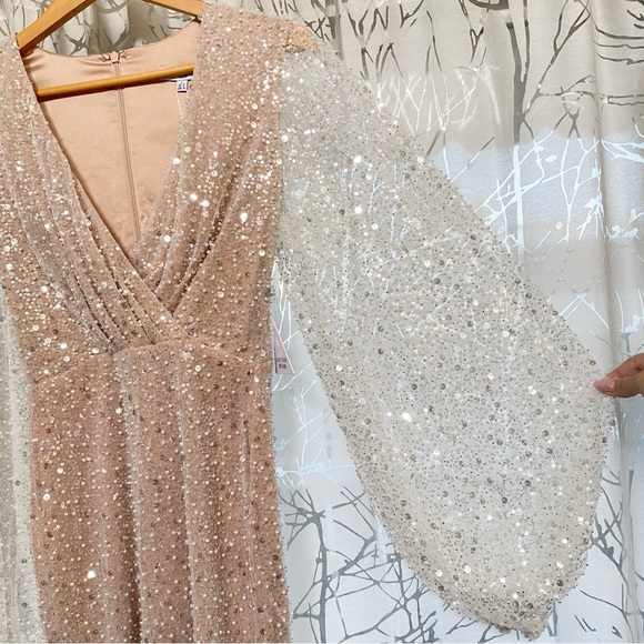 NADINE MERABI WHITE SILVER SEQUIN BEADED BALLOON LONG SLEEVE v-neck MAYA DRESS - Picture 8 of 14